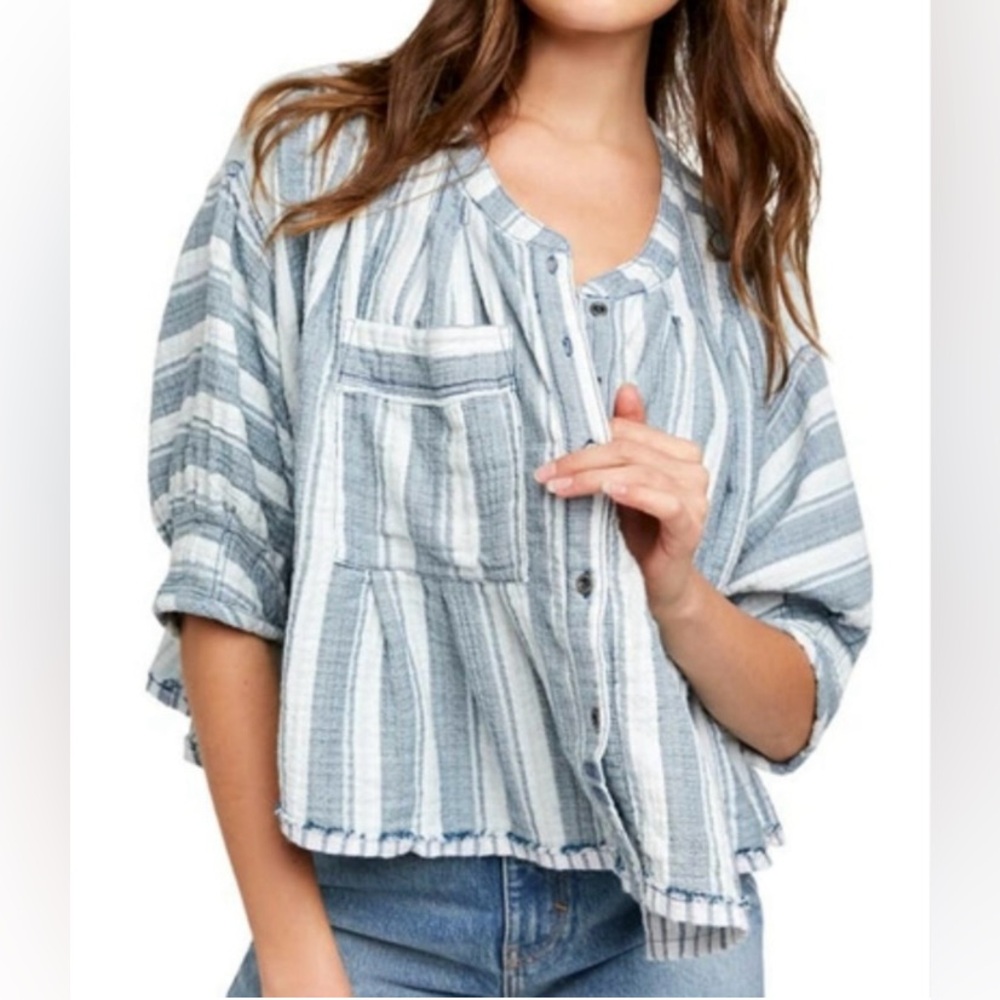 We The Free Loose Fit Boho Blue/White Soft Cotton Tent Crop Button Up Top 🌴